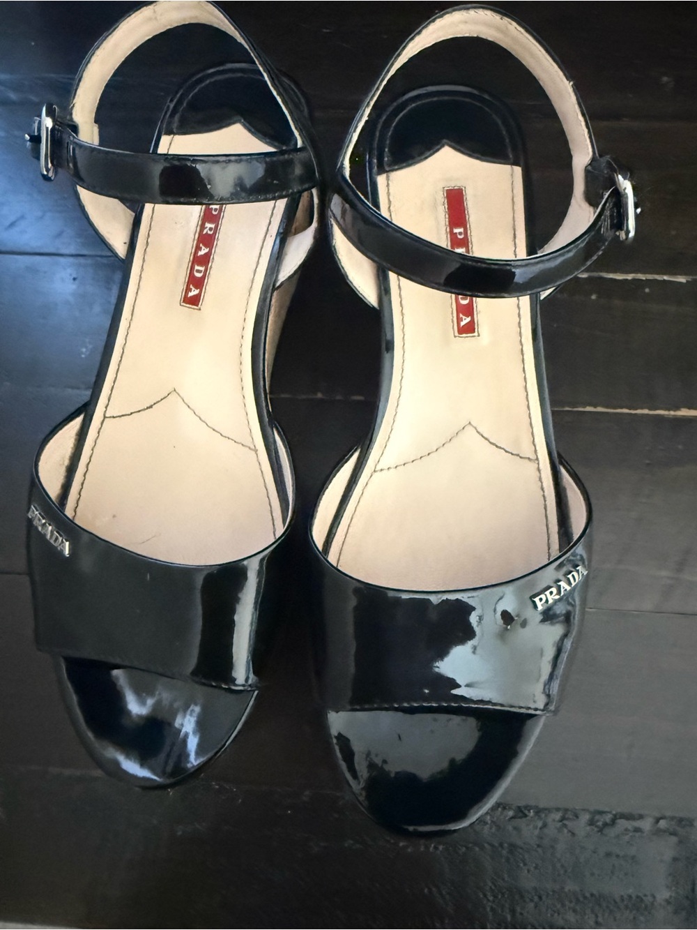 Prada Linea Rosa Black Patent Leather Open-Toe Ankle-Strap Sandals